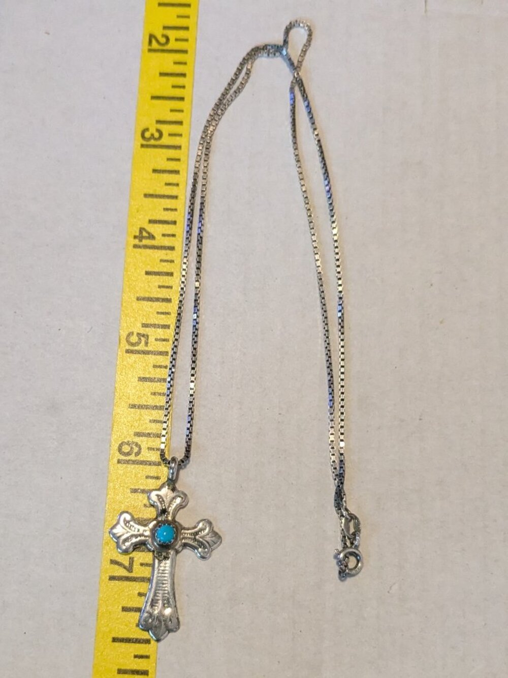 Sterling Turquoise Native Cross Italian 925 Silver Box Chain Pendant Necklace
